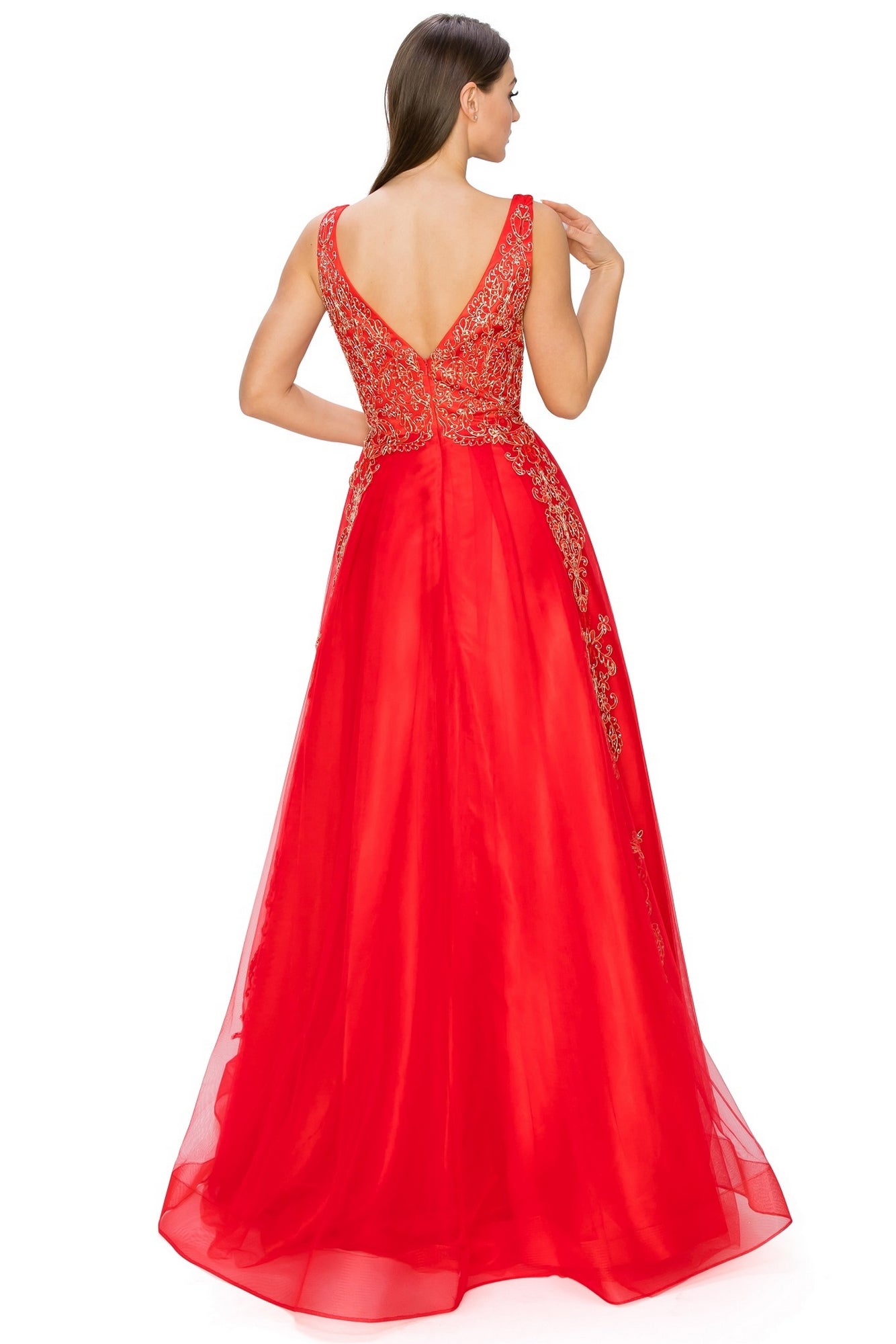 A woman models the A-Line Gold-Embroidered Long Prom Ball Gown 8029J, featuring a floor-length red skirt, deep V back, and intricate gold embroidery. The sheer A-line style creates an elegant look as she faces away from the camera.